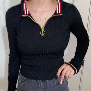 Black Collared Long Sleeve Top W/ Red Detail